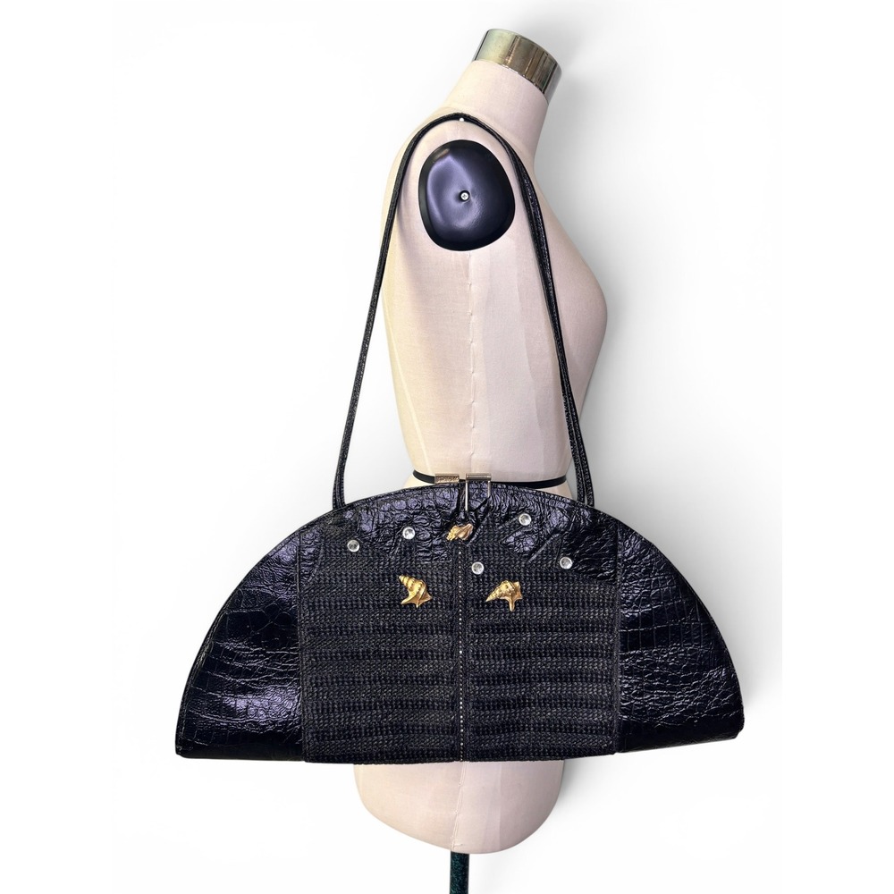 RARE Vintage Leo Isba Avant-Garde Black Leather Statement Bag with Rhinestones